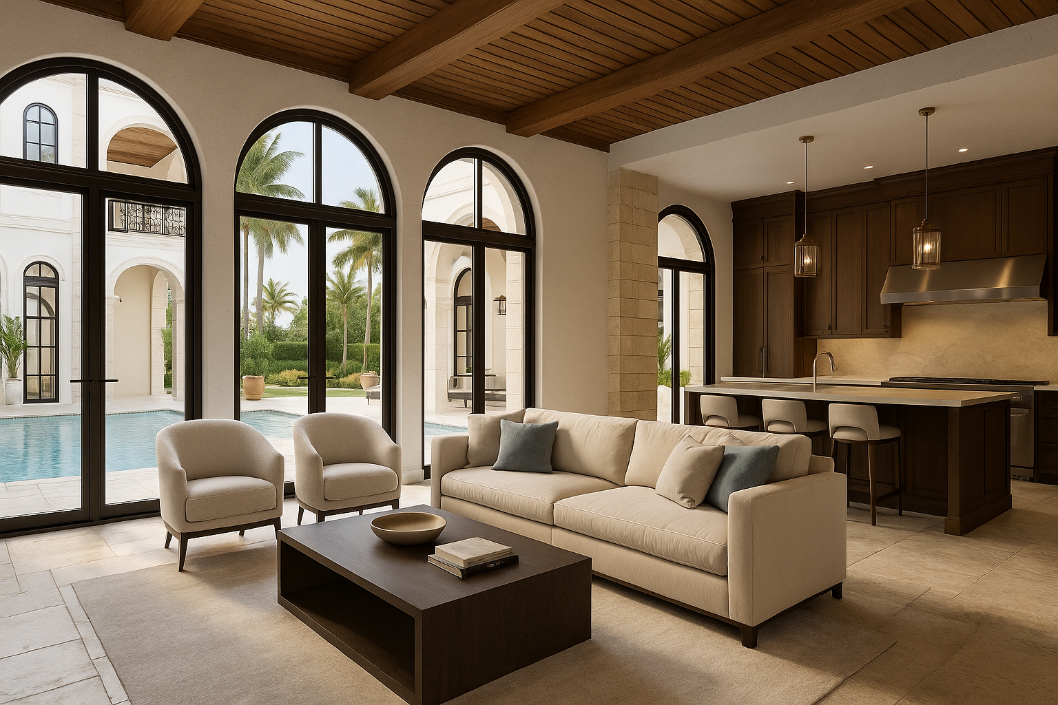 Modern open concept living space with pool view